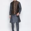 Vastramay Men's Grey Cotton Silk Blend Kurta, Ethnic Jacket And Pyjama Set