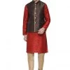 Vastramay Men's Maroon Cotton Silk Blend Kurta, Ethnic Jacket And Pyjama Set