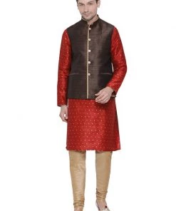 Vastramay Men's Maroon Cotton Silk Blend Kurta, Ethnic Jacket And Pyjama Set