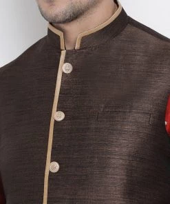 Vastramay Men's Maroon Cotton Silk Blend Kurta, Ethnic Jacket And Pyjama Set