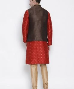 Vastramay Men's Maroon Cotton Silk Blend Kurta, Ethnic Jacket And Pyjama Set