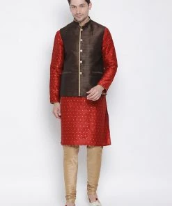 Vastramay Kurta Sets Men's Maroon Cotton Silk Blend Kurta, Ethnic Jacket And Pyjama Set