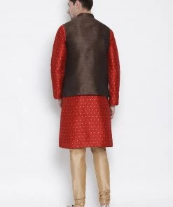 Vastramay Kurta Sets Men's Maroon Cotton Silk Blend Kurta, Ethnic Jacket And Pyjama Set