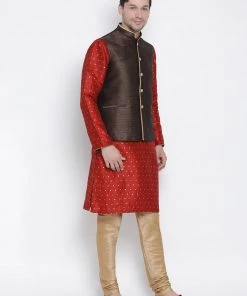 Vastramay Kurta Sets Men's Maroon Cotton Silk Blend Kurta, Ethnic Jacket And Pyjama Set
