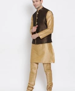 Vastramay Men's Gold Cotton Silk Blend Kurta, Ethnic Jacket And Pyjama Set