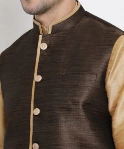 Vastramay Men's Gold Cotton Silk Blend Kurta, Ethnic Jacket And Pyjama Set