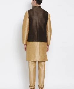 Vastramay Men's Gold Cotton Silk Blend Kurta, Ethnic Jacket And Pyjama Set