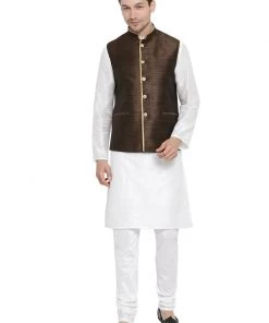 Vastramay Men's White Cotton Silk Blend Kurta, Ethnic Jacket And Pyjama Set