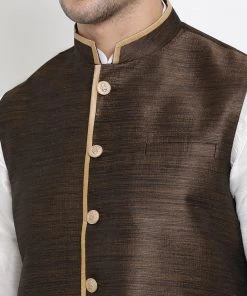 Vastramay Men's White Cotton Silk Blend Kurta, Ethnic Jacket And Pyjama Set