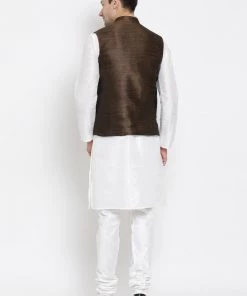 Vastramay Men's White Cotton Silk Blend Kurta, Ethnic Jacket And Pyjama Set