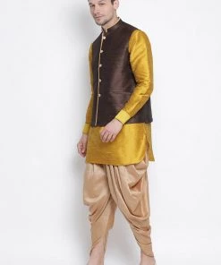Vastramay Men's Yellow Cotton Silk Blend Ethnic Jacket, Kurta And Dhoti Pant Set