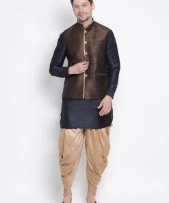 Vastramay Men's Dark Blue Cotton Silk Blend Ethnic Jacket, Kurta And Dhoti Pant Set