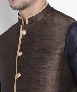 Vastramay Men's Dark Blue Cotton Silk Blend Ethnic Jacket, Kurta And Dhoti Pant Set