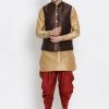 Vastramay Men's Gold Cotton Silk Blend Ethnic Jacket, Kurta And Dhoti Pant Set