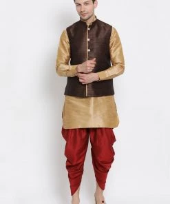 Vastramay Men's Gold Cotton Silk Blend Ethnic Jacket, Kurta And Dhoti Pant Set