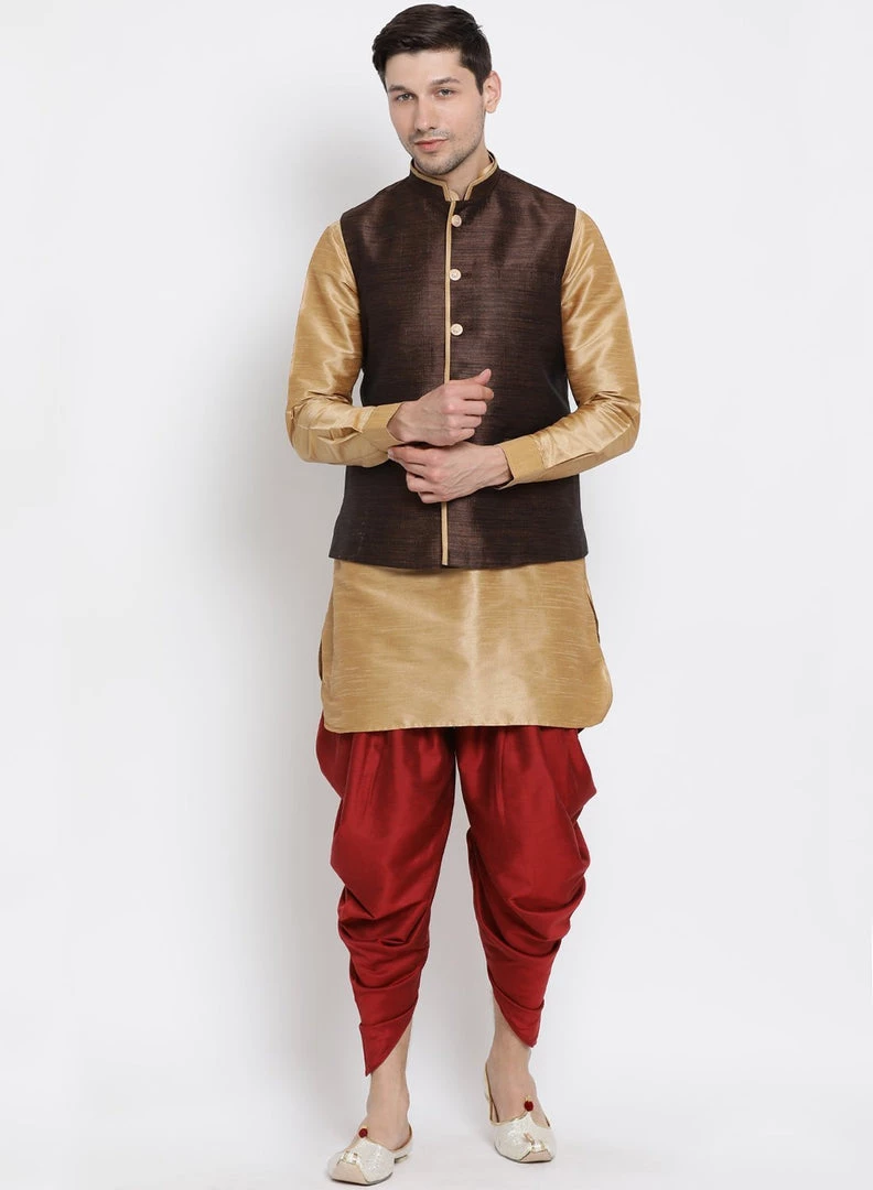 Vastramay Men's Gold Cotton Silk Blend Ethnic Jacket, Kurta And Dhoti Pant Set 3 Vastramay Men's Gold Cotton Silk Blend Ethnic Jacket, Kurta And Dhoti Pant Set