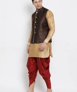 Vastramay Men's Gold Cotton Silk Blend Ethnic Jacket, Kurta And Dhoti Pant Set