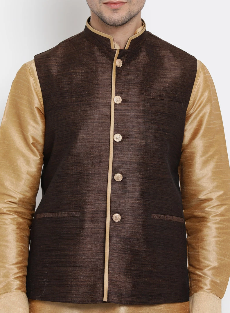 Vastramay Men's Gold Cotton Silk Blend Ethnic Jacket, Kurta And Dhoti Pant Set 5 Vastramay Men's Gold Cotton Silk Blend Ethnic Jacket, Kurta And Dhoti Pant Set