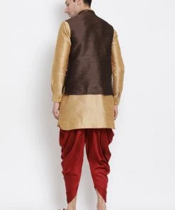 Vastramay Men's Gold Cotton Silk Blend Ethnic Jacket, Kurta And Dhoti Pant Set 11 Vastramay Men's Gold Cotton Silk Blend Ethnic Jacket, Kurta And Dhoti Pant Set