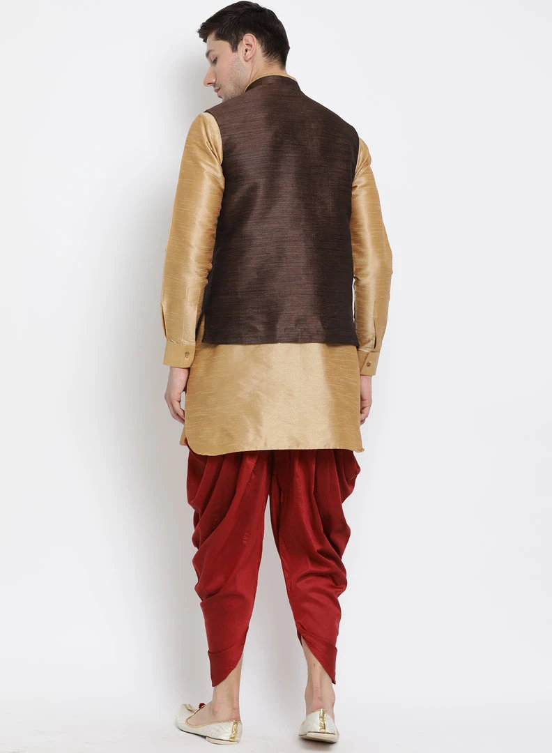 Vastramay Men's Gold Cotton Silk Blend Ethnic Jacket, Kurta And Dhoti Pant Set 6 Vastramay Men's Gold Cotton Silk Blend Ethnic Jacket, Kurta And Dhoti Pant Set