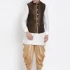 Vastramay Men's White Cotton Silk Blend Ethnic Jacket, Kurta And Dhoti Pant Set