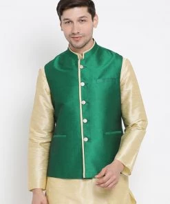VASTRAMAY Men's Green Cotton Silk Blend Ethnic Jacket