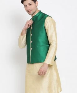 VASTRAMAY Men's Green Cotton Silk Blend Ethnic Jacket