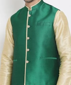 VASTRAMAY Men's Green Cotton Silk Blend Ethnic Jacket