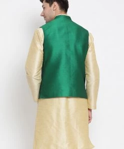 VASTRAMAY Men's Green Cotton Silk Blend Ethnic Jacket