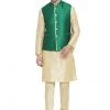 Vastramay Men's Gold Cotton Silk Blend Kurta, Ethnic Jacket And Pyjama Set