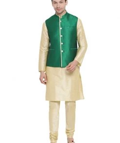 Vastramay Men's Gold Cotton Silk Blend Kurta, Ethnic Jacket And Pyjama Set