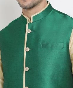 Vastramay Men's Gold Cotton Silk Blend Kurta, Ethnic Jacket And Pyjama Set