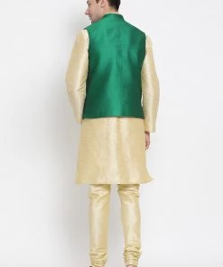 Vastramay Men's Gold Cotton Silk Blend Kurta, Ethnic Jacket And Pyjama Set