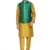 Vastramay Men's Yellow Cotton Silk Blend Kurta, Ethnic Jacket And Pyjama Set