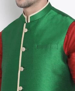 Vastramay Men's Maroon Cotton Silk Blend Ethnic Jacket, Kurta And Dhoti Pant Set