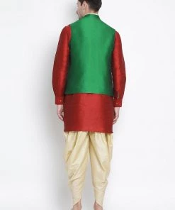 Vastramay Men's Maroon Cotton Silk Blend Ethnic Jacket, Kurta And Dhoti Pant Set