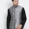 VASTRAMAY Men's Grey Cotton Silk Blend Ethnic Jacket