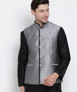 VASTRAMAY Men's Grey Cotton Silk Blend Ethnic Jacket