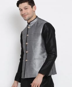 VASTRAMAY Men's Grey Cotton Silk Blend Ethnic Jacket