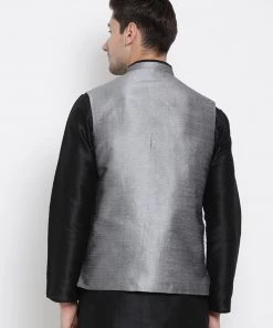 VASTRAMAY Men's Grey Cotton Silk Blend Ethnic Jacket