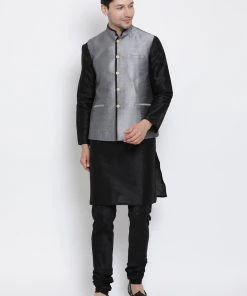 VASTRAMAY Men's Grey Cotton Silk Blend Ethnic Jacket