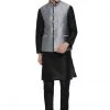 Vastramay Men's Black Cotton Silk Blend Kurta, Ethnic Jacket And Pyjama Set