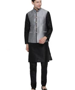 Vastramay Men's Black Cotton Silk Blend Kurta, Ethnic Jacket And Pyjama Set