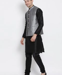 Vastramay Men's Black Cotton Silk Blend Kurta, Ethnic Jacket And Pyjama Set