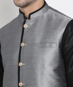 VASTRAMAY Men's Grey Cotton Silk Blend Ethnic Jacket