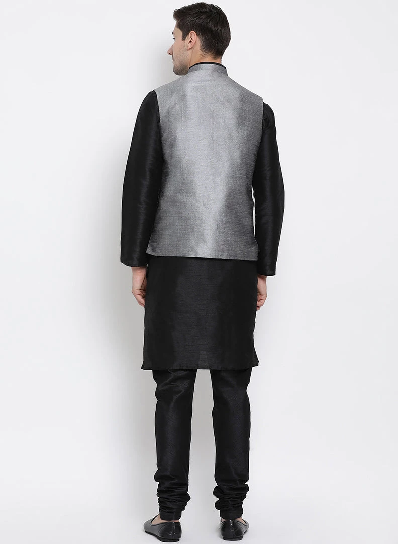 Vastramay Men's Black Cotton Silk Blend Kurta, Ethnic Jacket And Pyjama Set 6 Vastramay Men's Black Cotton Silk Blend Kurta, Ethnic Jacket And Pyjama Set