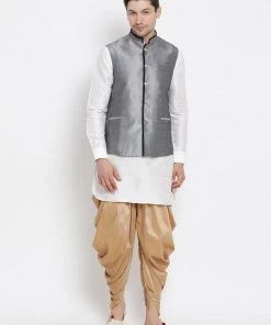 Vastramay Men's White Cotton Silk Blend Ethnic Jacket, Kurta And Dhoti Pant Set