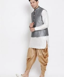 Vastramay Men's White Cotton Silk Blend Ethnic Jacket, Kurta And Dhoti Pant Set