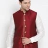 VASTRAMAY Men's Maroon Cotton Silk Blend Ethnic Jacket Nehru Jacket