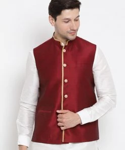 VASTRAMAY Men's Maroon Cotton Silk Blend Ethnic Jacket Nehru Jacket
